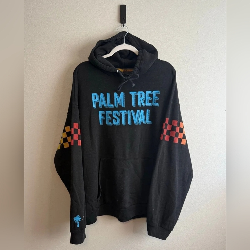 Black Hoodie with Blue and Red Checkered Sleeves - Picture 2 of 4